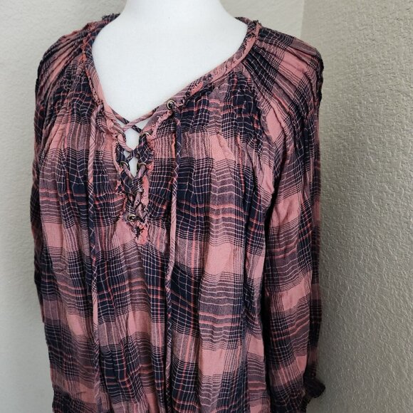 Free People Cloudbreaker Plaid Tunic Oversized Lace Up Pullover Small Balloon‎ - Picture 4 of 14